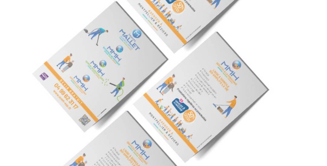 Flyer format carte postale pour le groupe MMH, entreprise spécialisée dans le nettoyage à Montpellier.